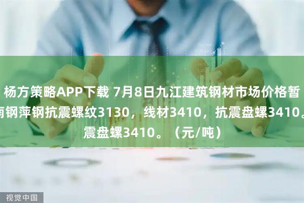 杨方策略APP下载 7月8日九江建筑钢材市场价格暂稳运行。南钢萍钢抗震螺纹3130，线材3410，抗震盘螺3410。（元/吨）